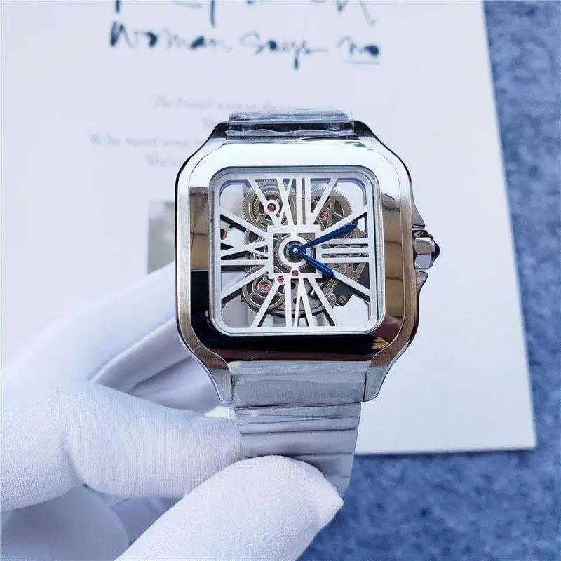 wrist watch men luxury customised skeleton mechanical solid steel square watches branded watches for men hollow out movement