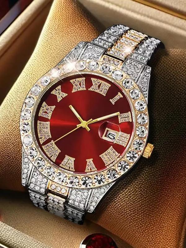 Men's Luxury Rhinestone Decorated Round Dial Quartz Watch, with Box, Fashionable Exquisite Back To School Wristwatch, Trendy Watch for Party, Daily Clothing Decor As Boyfriend Gifts, Fall Outfits, Fall Freshness Fall, 80s Fashion