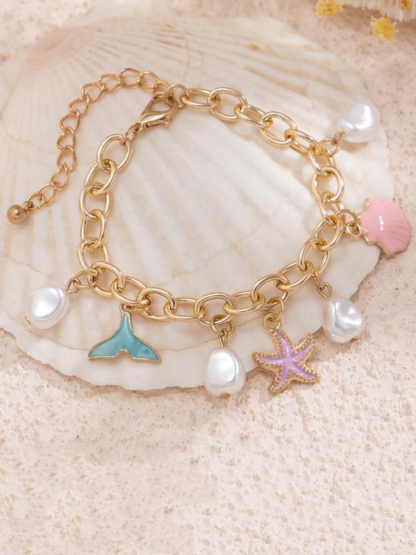 Boho Style Starfish & Faux Pearl Decor Adjustable Necklace & Bracelet, Marine Life Design Jewelry Set for Women, Fashion Accessories for Beach Party Vacation