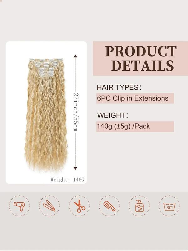 6pcs set Women's Long Wavy Clip-in Hair Extensions, Natural Fluffy Curly Soft Synthetic Hair Extensions, Hairpieces for Daily Use