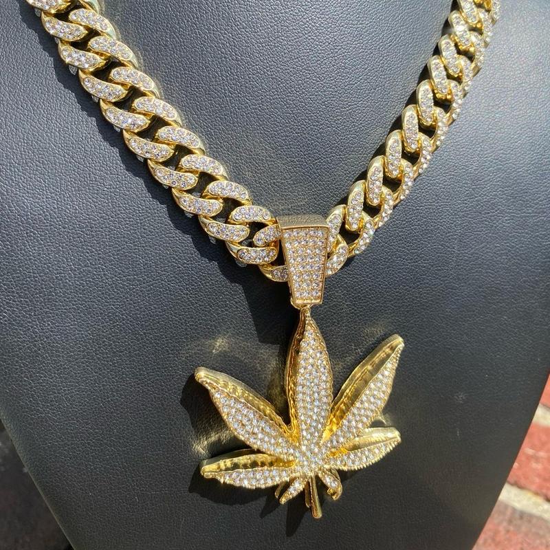 Full Iced Bling Out Hip Leaf Pendant & 24” Cuban Necklace Chain Jewelry Set