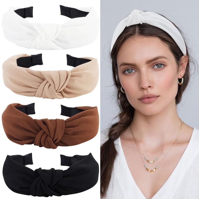 4PCS Knotted Headbands - Non Slip Wide Fashion Head Bands for Women and Girls - Black and White Top Knot Accessories