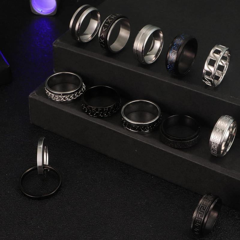 MILACOLATO 12PCS Stainless Steel Band Rings for Men Women Fidget Spinning Chain Ring Fidget Ring Anxiety Relief Ring for Men Fashion Simple Wedding Engagement Black Ring Set Size 7-13 Daily