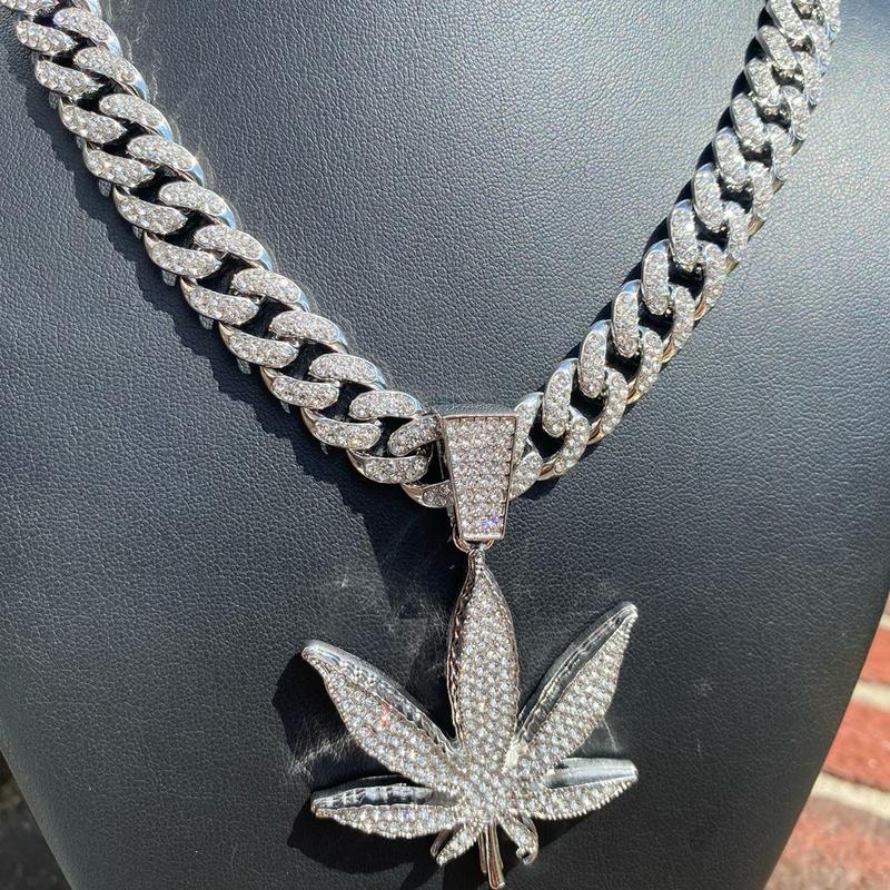 Full Iced Bling Out Hip Leaf Pendant & 24” Cuban Necklace Chain Jewelry Set