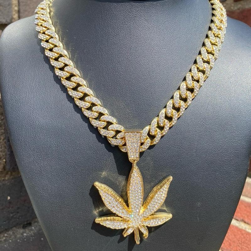 Full Iced Bling Out Hip Leaf Pendant & 24” Cuban Necklace Chain Jewelry Set