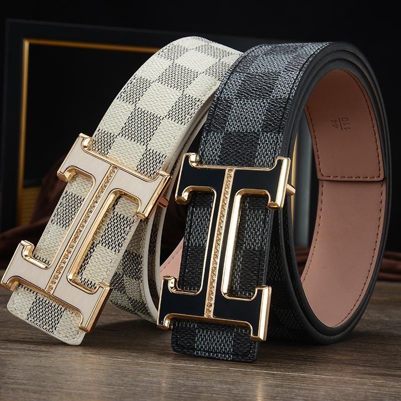 Belt Men's Leather Smooth Buckle Belt Letters Personality Casual Korean Style Trendy Middle-Aged Youth Pants Belt Summer Cowhide