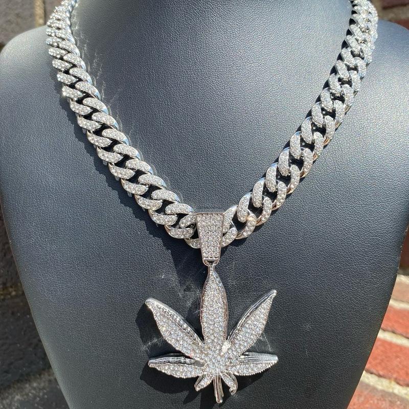 Full Iced Bling Out Hip Leaf Pendant & 24” Cuban Necklace Chain Jewelry Set