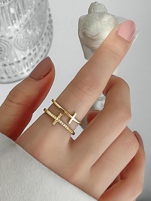 Rhinestone  Cross Decorated Cuff Ring, Fashion Jewelry for Party, Daily Clothing Decor, Trendy All-match & Exquisite Jewelry for Birthday Gift