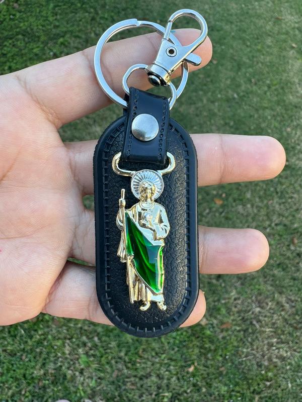 keychain San Judas tadeo stainless steel and leather