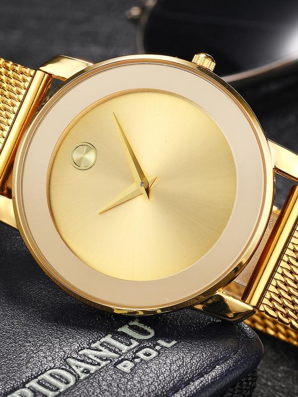 Fashionable Simple Watch With Mesh Strap, Classic Waterproof Gold Round Dial Men's Wristwatch