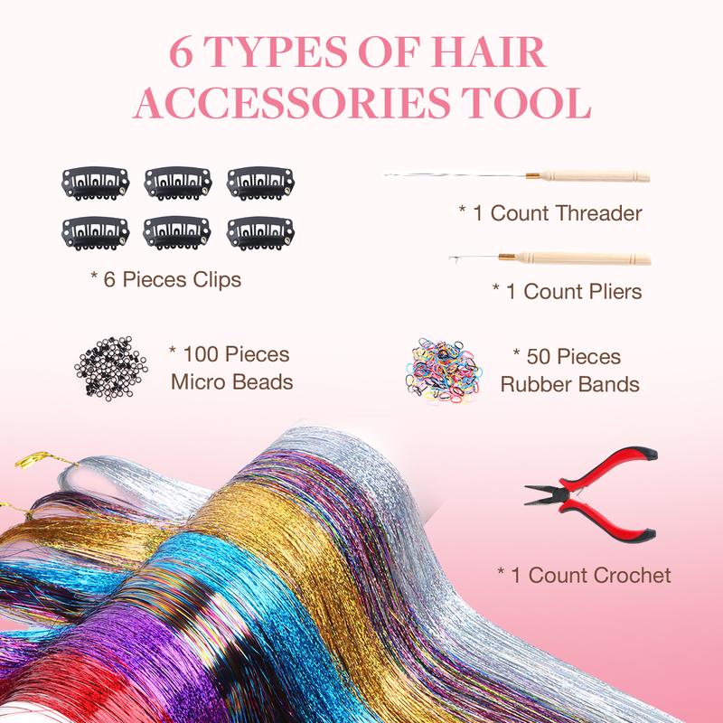 16 Colors Tinsel Hair Extensions with Tools 16pcs set 3200 Strands, Fairy Hair Tinsel Kit