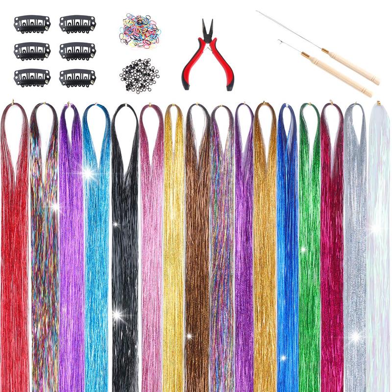 16 Colors Tinsel Hair Extensions with Tools 16pcs set 3200 Strands, Fairy Hair Tinsel Kit