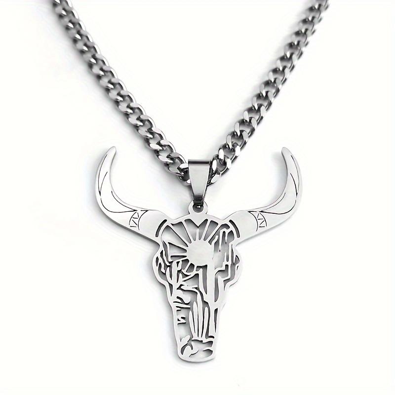 Trendy western cowboy style stainless steel bull head pendant necklace jewelry, gift for men