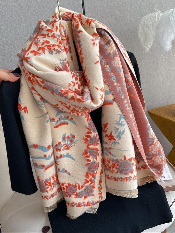 Women's Floral Print Tassel Decor Shawl, Casual Soft Warm Thick Long Scarf for Fall & Winter, Fashion Accessories for Women & Girls