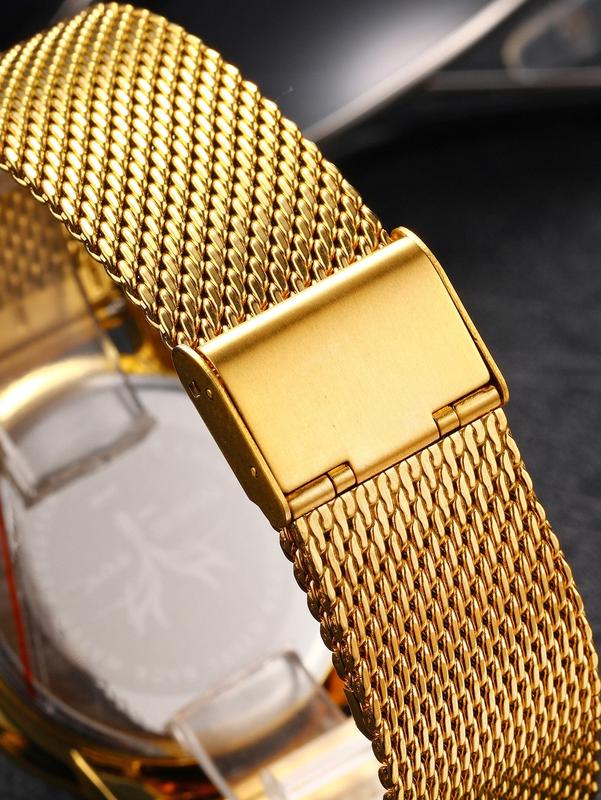 Fashionable Simple Watch With Mesh Strap, Classic Waterproof Gold Round Dial Men's Wristwatch