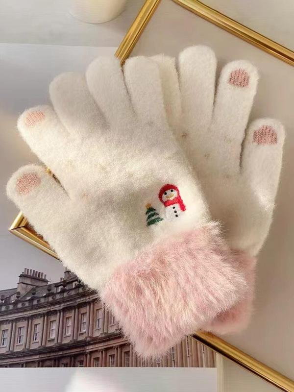 Women's Cute Snowman Design Gloves, Casual Trendy Warm Gloves for Fall & Winter, Fashionable Gloves for Women & Girls for Daily Use