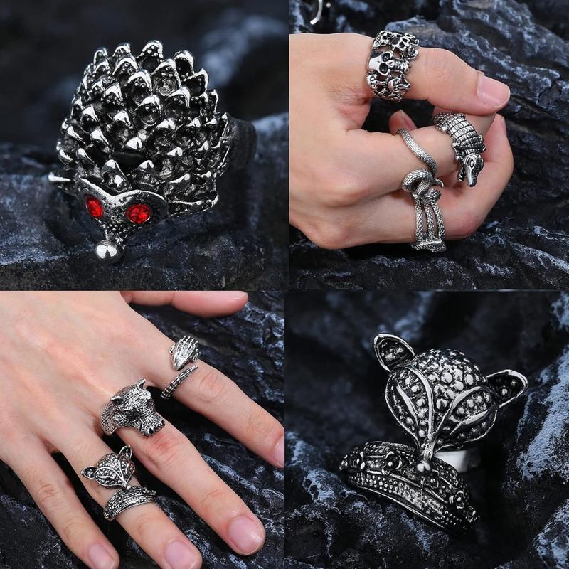 ORAZIO 16 counts Gothic Open Rings Set for Men Women Punk Adjustable Snake Dragon Claw Animal Rings Vintage Goth Skull Rings Indie Aesthetic