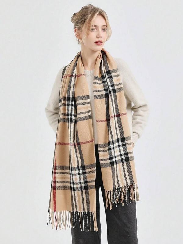 Women's Tartan Print Tassel Trim Scarf, Casual Soft Warm Plush Shawl for Daily Wear, Fashion Accessories for Women & Girls