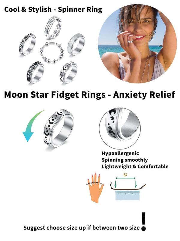 Punk Goth Style Rotating Star & Moon Design Rings, Gifts for Men Women, Stress Relief Rings, Matching Funky Unique Accessories for Girls Birthday Gift