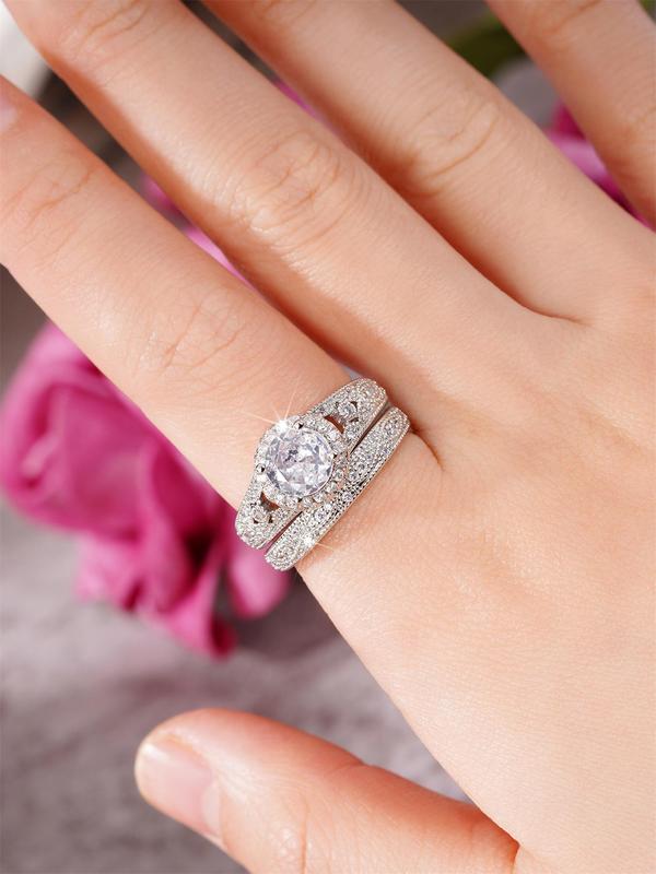 Elegant Rhinestone Decor Promise Rings, 2pcs set Trendy Engagement Rings, Fashion Iced out Jewelry for Wedding Party