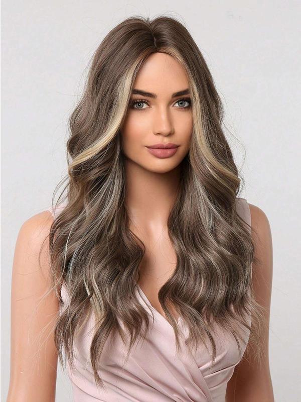 22 Inch Brown Highlight Long Wavy Wigs for Women, Gorgeous Fluffy Wigs, Synthetic Full Machine Wigs for Party, Daily Use