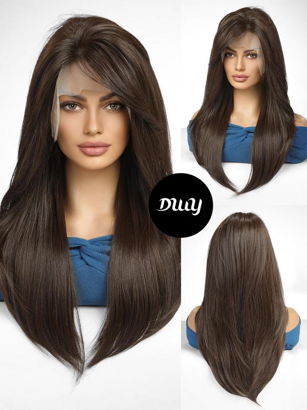 24 Inch Long Layered Straight Wigs for Women, Natural Looking Gorgeous Fluffy Wigs with Side-swept Bangs, Synthetic Lace Front Wigs for Party Photography, Daily Use