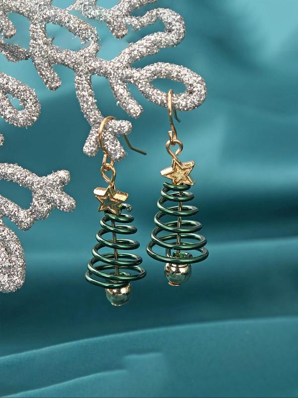 Spiral Christmas Tree Design Dangle Earrings, Fashionable Star Decor Earrings for Women & Girls, Trendy All-match & Exquisite Jewelry for Birthday Gift