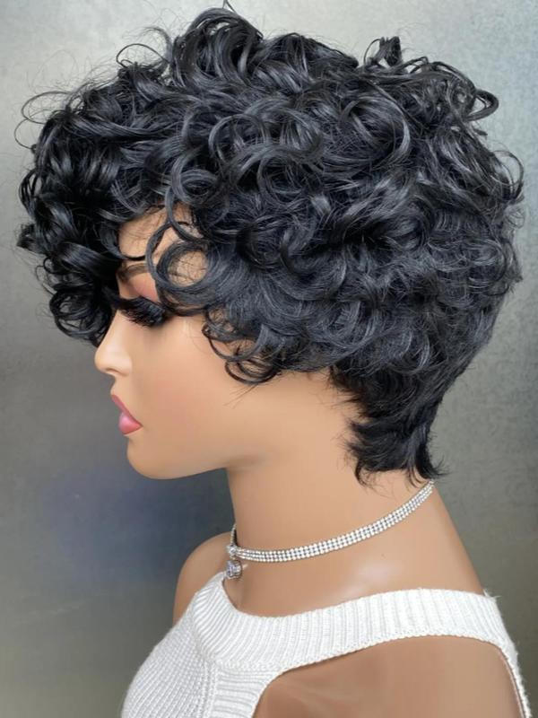 Women's Black Short Curly Wigs with Curly Side-swept Bangs, Wigs for Daily, Cosplay, Anime Or Costume Party, Striking Natural Fluffy Hair Wigs for Daily & Party Hairstyle Decoration