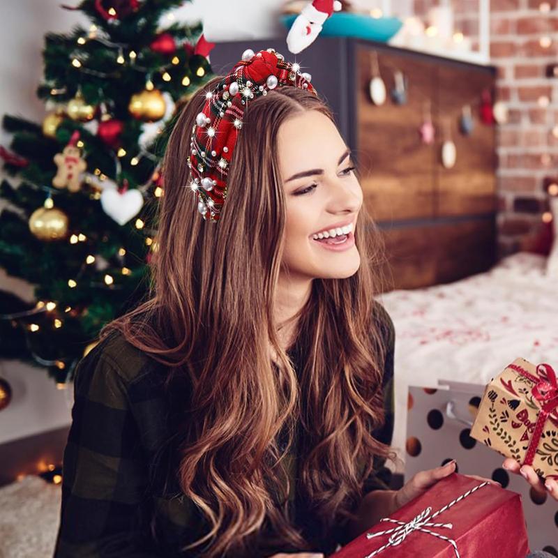 Christmas Headband for Women White Pearl Rhinestone Crystal Jeweled Embellished Hairband Wide Top Knot Hairband Headpieces Christmas Holiday Party Costume Decoration (red plaid knot hairband)