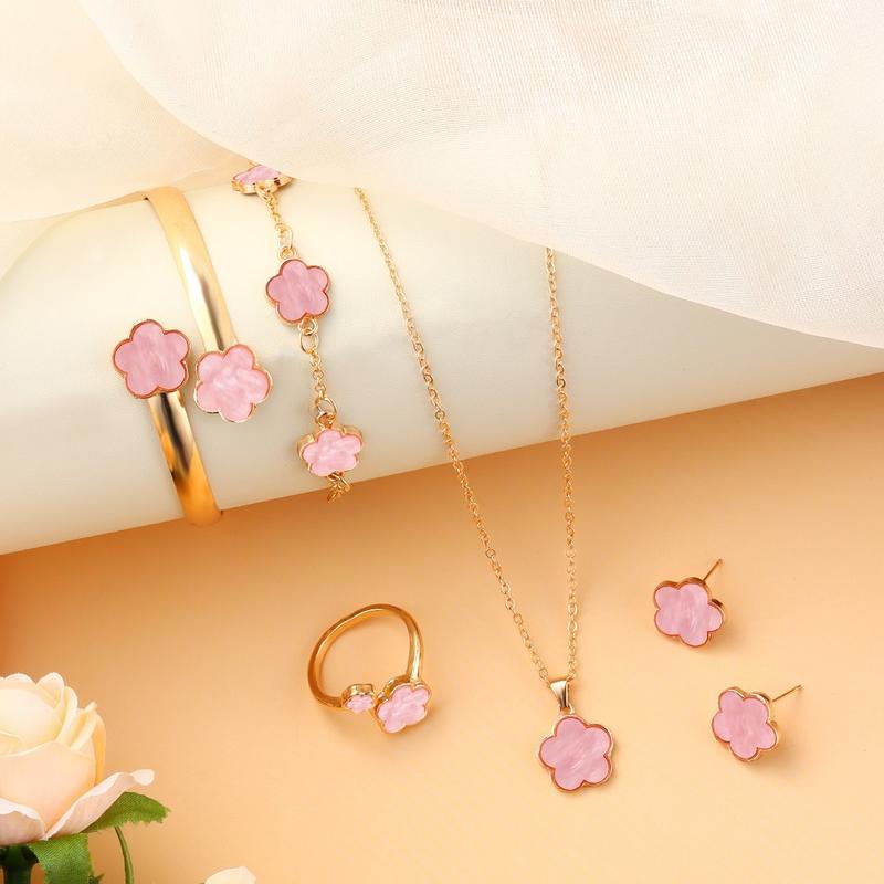 Lucky Flower Design Jewelry Set, Fashion Necklace & Ring & Bracelet & Earrings, Casual Jewelry Set for Women, Trendy All-match & Exquisite Jewelry Set for Gift