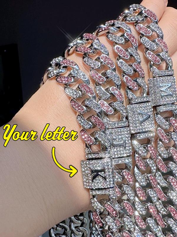 Rhinestone Decorated Letter Design Cuban Link Bracelet, Fashionable Iced Out Jewelry for Women & Men, Trendy All-match & Exquisite Jewelry for Birthday Gift