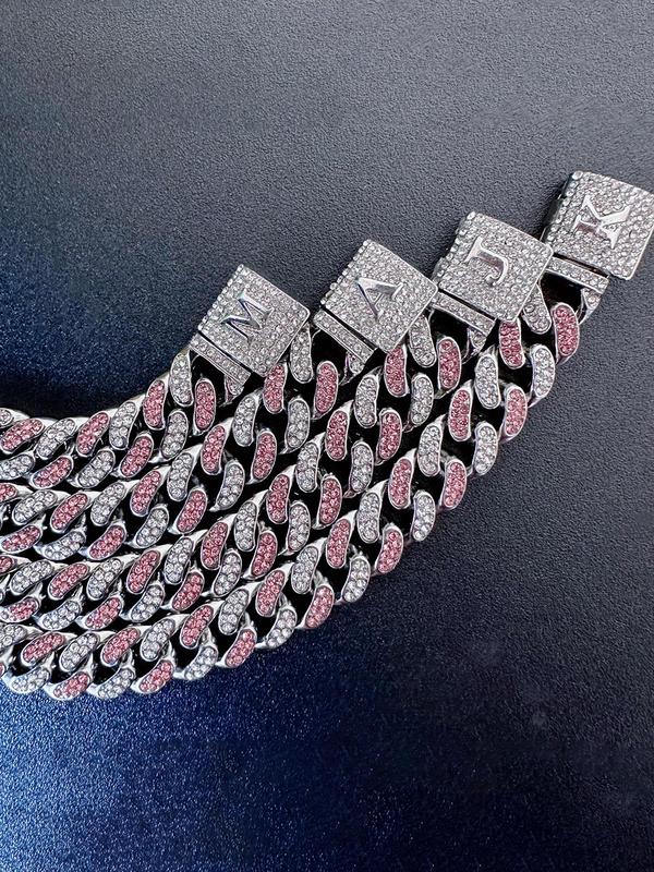 Rhinestone Decorated Letter Design Cuban Link Bracelet, Fashionable Iced Out Jewelry for Women & Men, Trendy All-match & Exquisite Jewelry for Birthday Gift