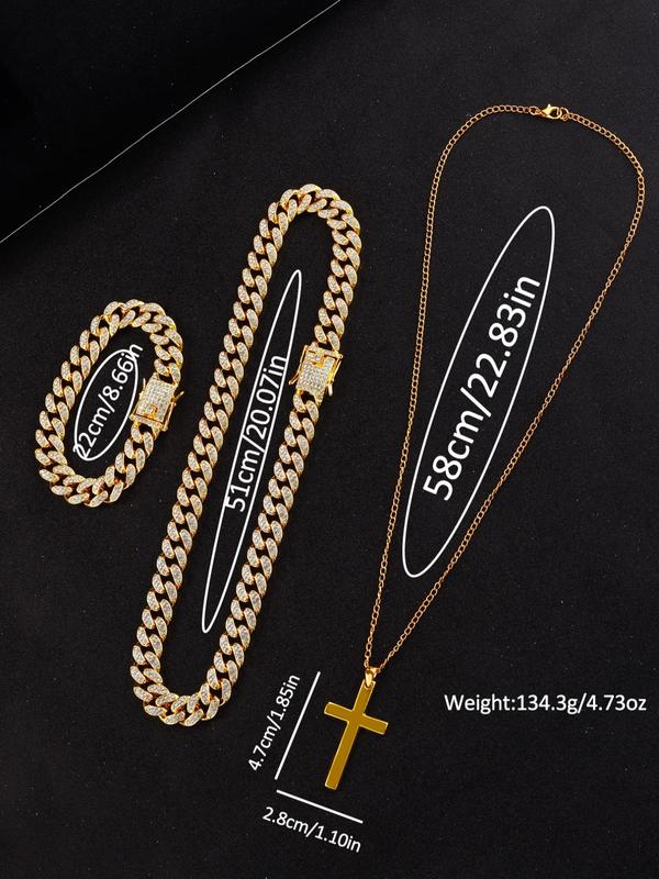 Luxury Rhinestone Decor Analog Quartz Watches for Women & Jewelry Set, Watch & Matching Cuban Chain Bracelet & Cross Necklace, As Gifts for Men, without Box, Watch for Men