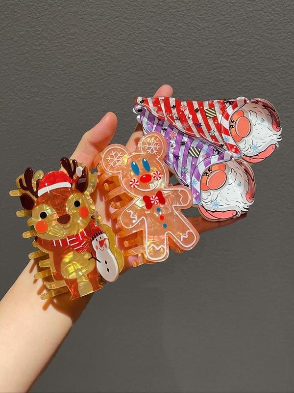 Christmas Themed Cartoon Hair Claws, Cute Gingerbread Man Santa Elk Design Hair Claw, Fashionable Hair Accessories for Women & Girls, Cute Lovely Hairwear for Daily Used