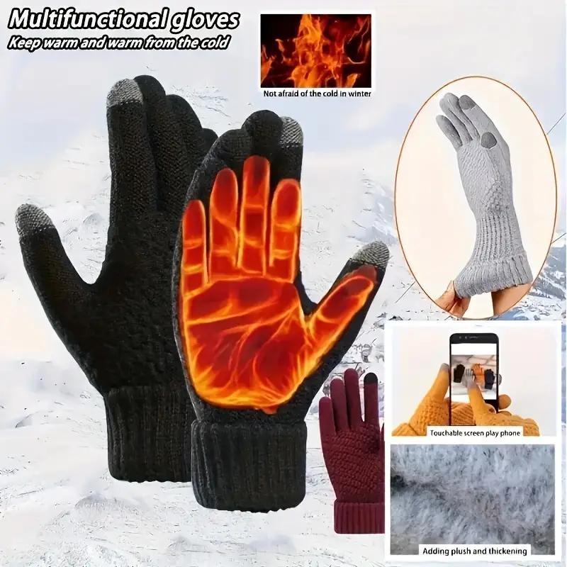 Knitted Thermal Winter Woolen Gloves, Solid Color Touch Screen Thickened Sports Gloves for Cycling Hiking, Sports & Outdoor Accessories, Christmas, Christmas Gift