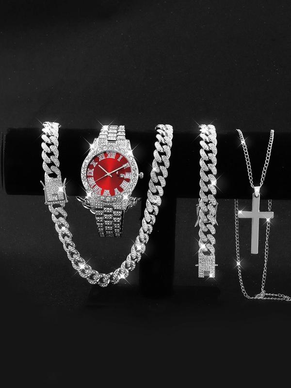 Luxury Rhinestone Decor Analog Quartz Watches for Women & Jewelry Set, Watch & Matching Cuban Chain Bracelet & Cross Necklace, As Gifts for Men, without Box, Watch for Men