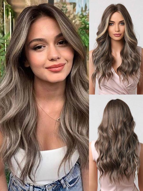 22 Inch Brown Highlight Long Wavy Wigs for Women, Gorgeous Fluffy Wigs, Synthetic Full Machine Wigs for Party, Daily Use