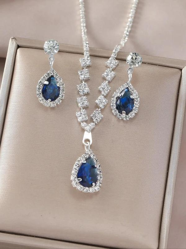 Elegant Rhinestone Decorated Pendant Necklace & Dangle Earrings, Luxury Gorgeous Jewelry Set for Party Wedding, Fashion Accessories for Women