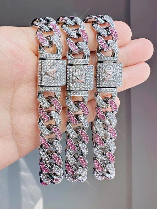 Rhinestone Decorated Letter Design Cuban Link Bracelet, Fashionable Iced Out Jewelry for Women & Men, Trendy All-match & Exquisite Jewelry for Birthday Gift