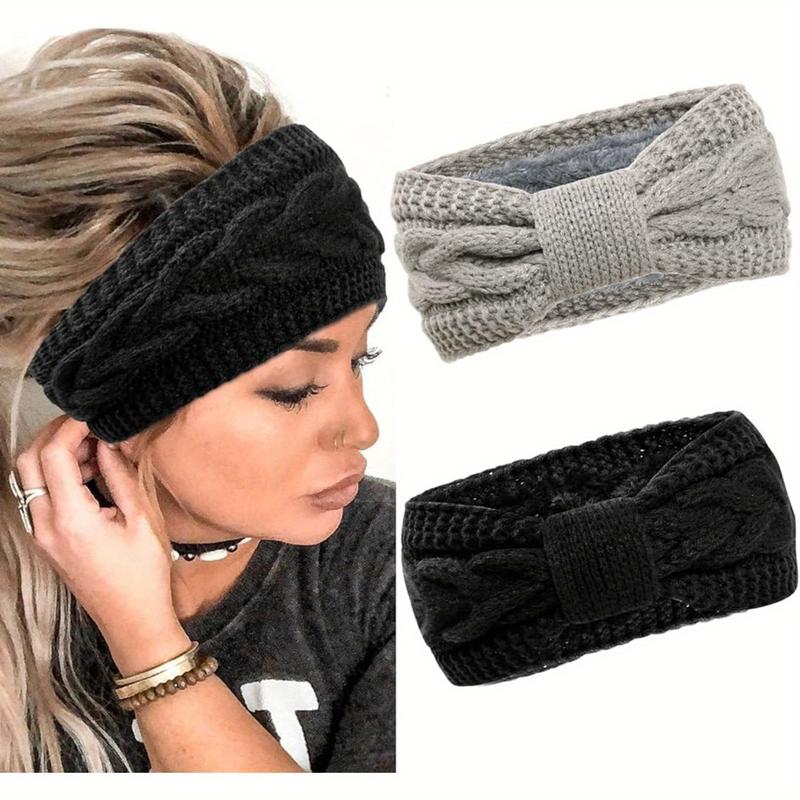 2 Pcs set Ribbed Fleece Knitted Headband Solid Color Elastic Ear Warmer Headband Classic Bow Hair Band Suitable for Ladies Daily Use Autumn and Winter