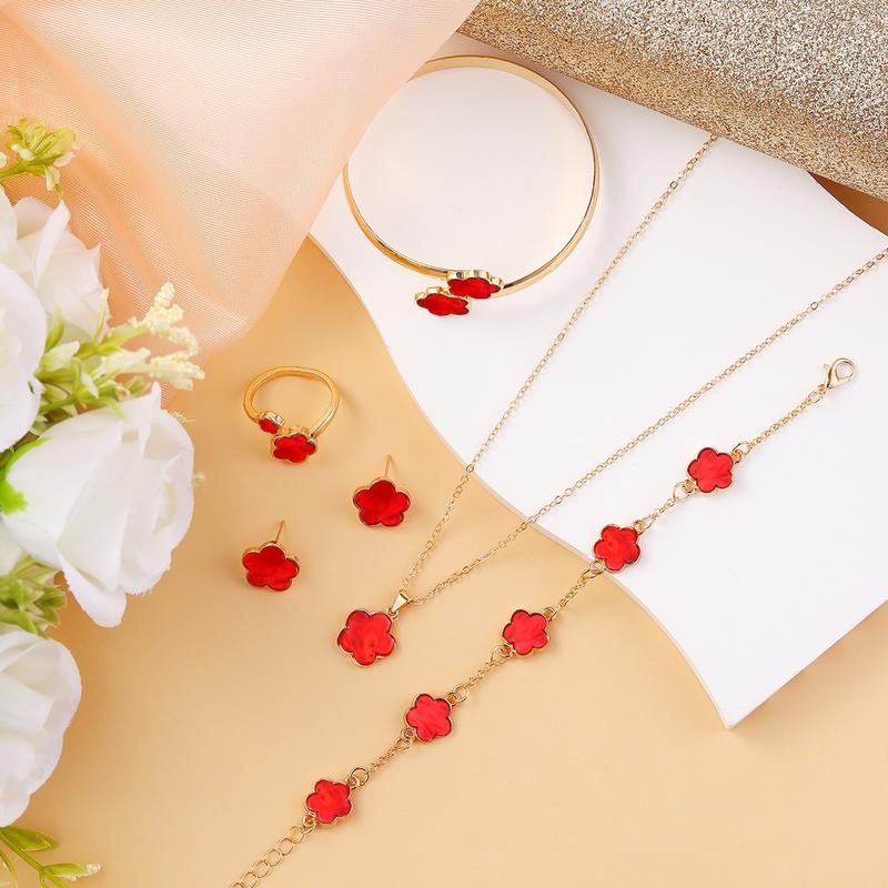 Lucky Flower Design Jewelry Set, Fashion Necklace & Ring & Bracelet & Earrings, Casual Jewelry Set for Women, Trendy All-match & Exquisite Jewelry Set for Gift