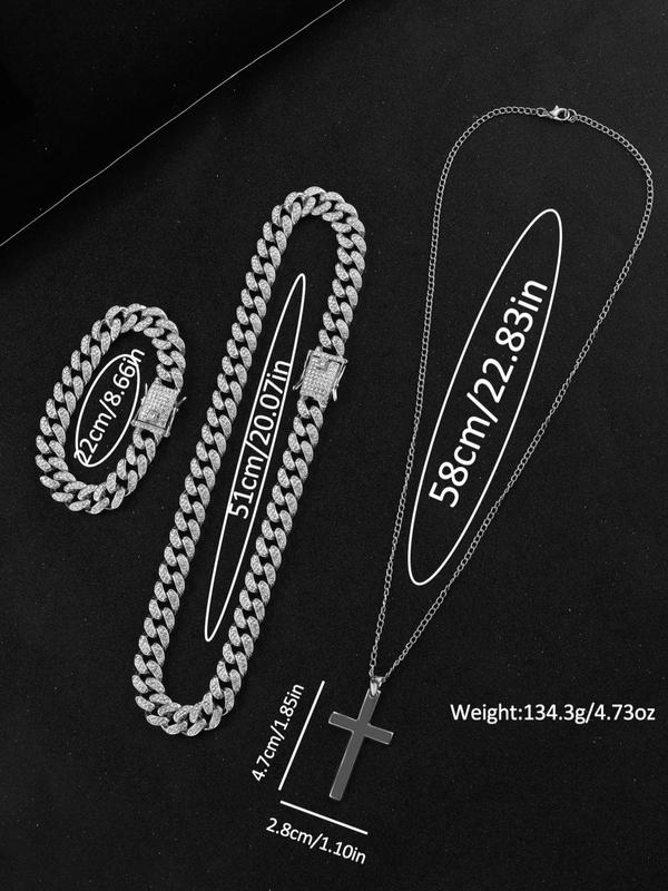 Luxury Rhinestone Decor Analog Quartz Watches for Women & Jewelry Set, Watch & Matching Cuban Chain Bracelet & Cross Necklace, As Gifts for Men, without Box, Watch for Men