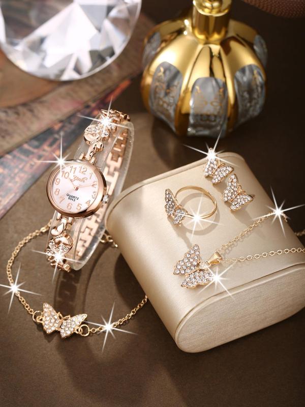 Women's Elegant Rhinestone Decorated Quartz Watch & Butterfly Design Necklace & Bracelet & Earrings & Ring, Fashionable Watch Set As Gift without Box