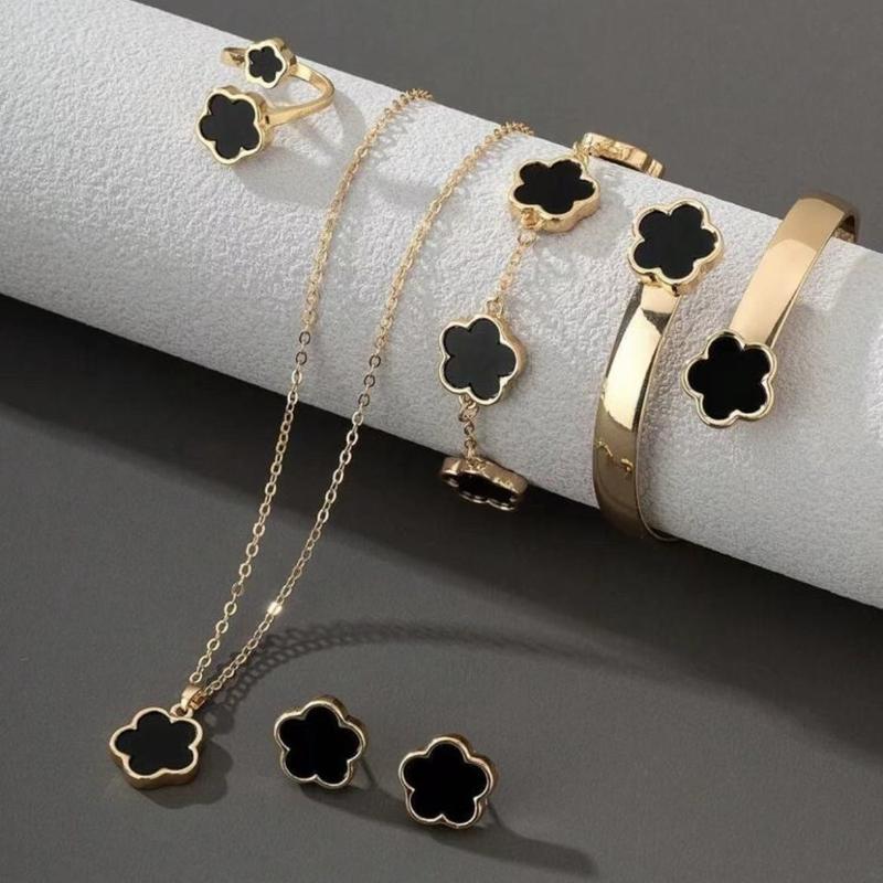 Lucky Flower Design Jewelry Set, Fashion Necklace & Ring & Bracelet & Earrings, Casual Jewelry Set for Women, Trendy All-match & Exquisite Jewelry Set for Gift