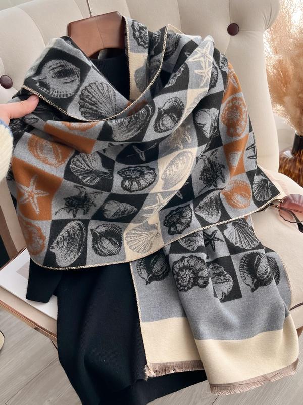 Women's Boho Style Marine Life Print Raw Hem Design Shawl, Casual Warm Thick Scarf for Fall & Winter, Fashion Accessories for Daily Wear