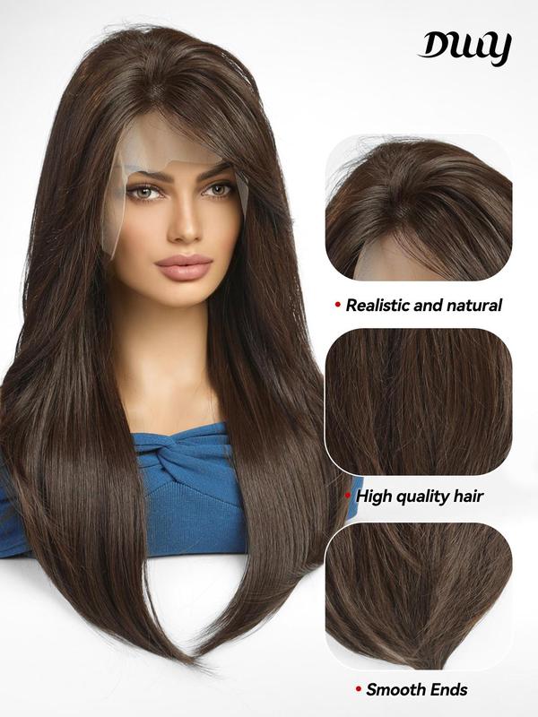 24 Inch Long Layered Straight Wigs for Women, Natural Looking Gorgeous Fluffy Wigs with Side-swept Bangs, Synthetic Lace Front Wigs for Party Photography, Daily Use