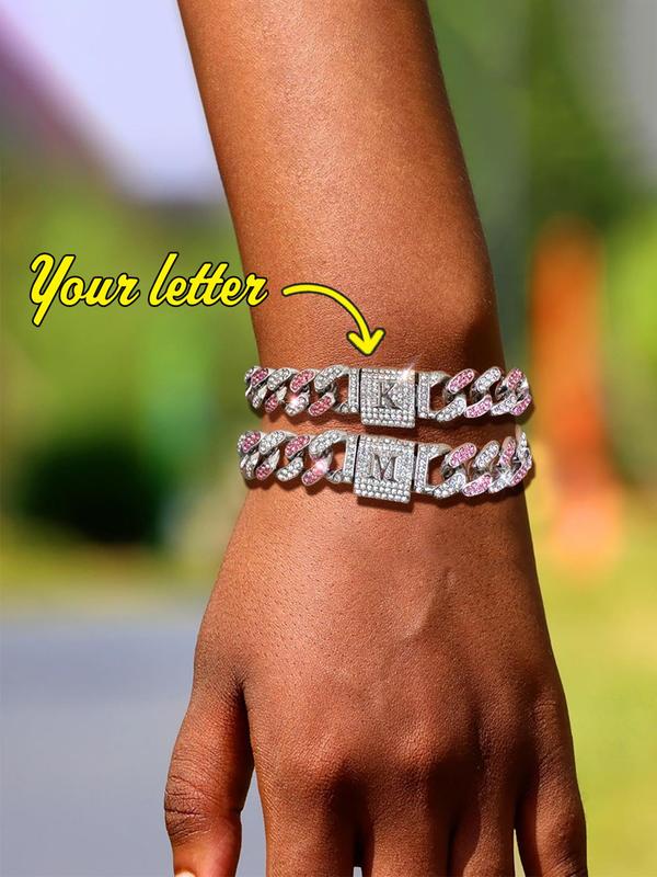 Rhinestone Decorated Letter Design Cuban Link Bracelet, Fashionable Iced Out Jewelry for Women & Men, Trendy All-match & Exquisite Jewelry for Birthday Gift