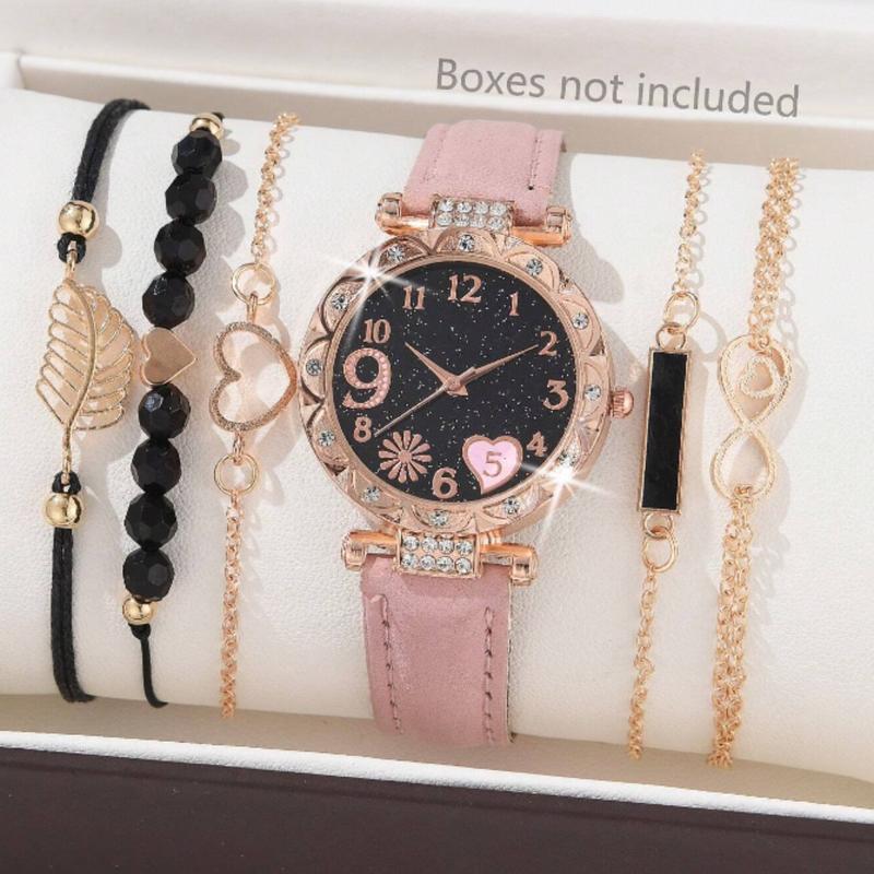 6pcs Ladies Watch Casual & Fashionable Women's Pu Leather Strap Quartz Wristwatch With Heart Pattern Plus Bracelet & Wristband Set For Ladies