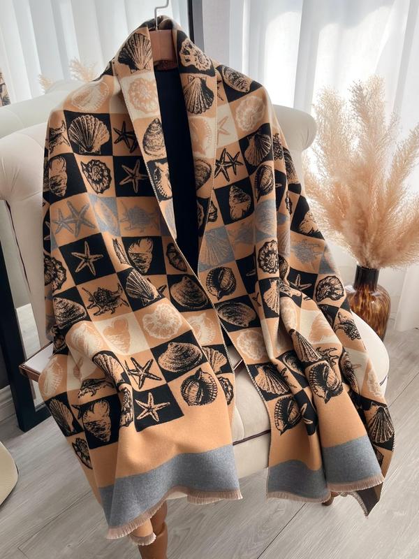 Women's Boho Style Marine Life Print Raw Hem Design Shawl, Casual Warm Thick Scarf for Fall & Winter, Fashion Accessories for Daily Wear