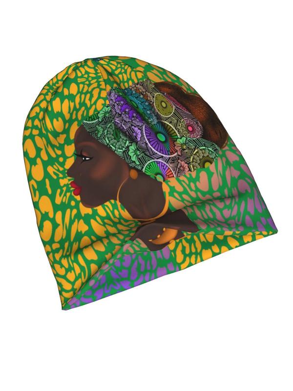 African Women Retro Painting Style Beanie Hat, Soft Thin Style Summer Hat for Sports, Hippie Punk Retro Skull Cap for Women & Men